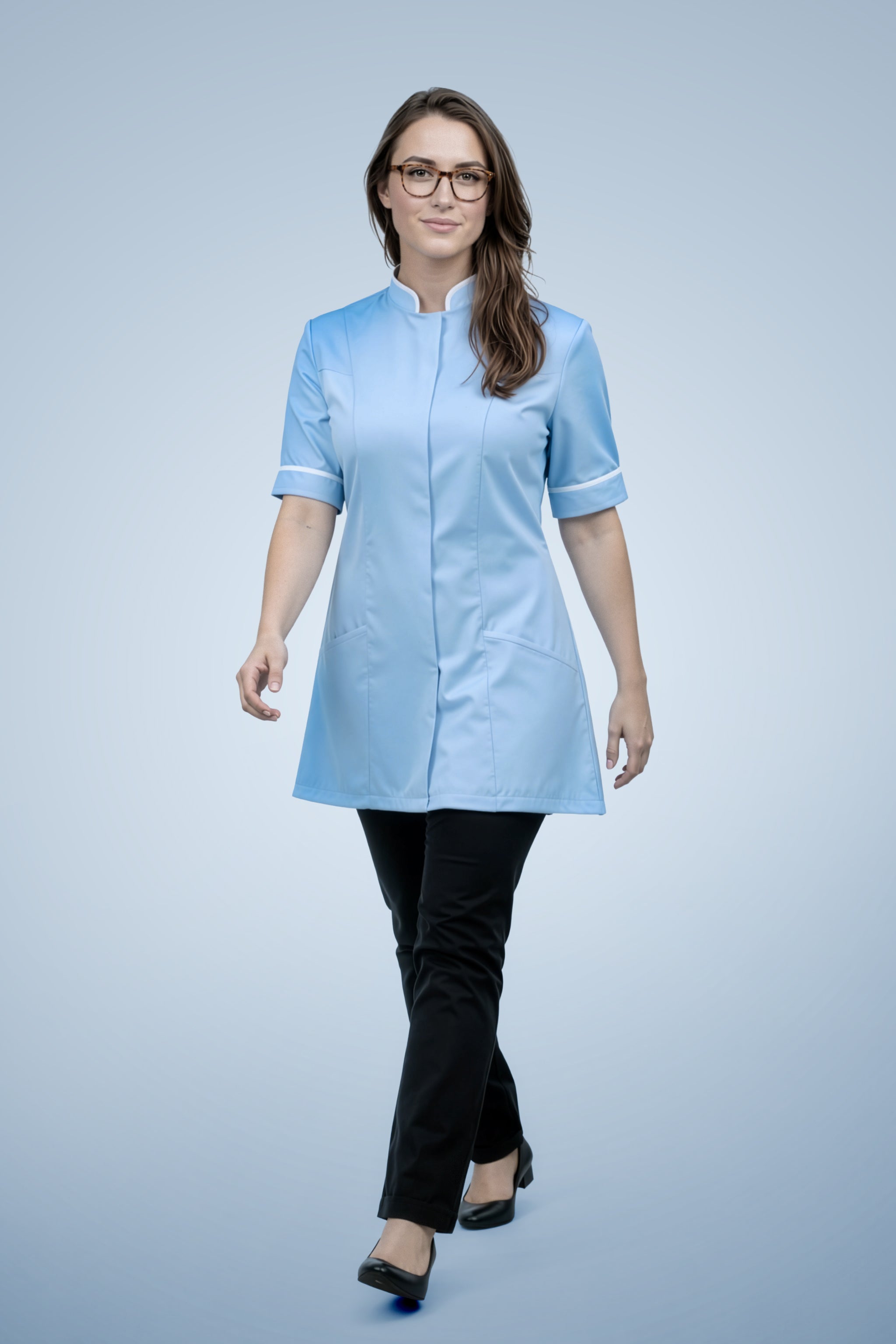 Brockley Mandarin Tunic - Sky Blue & White